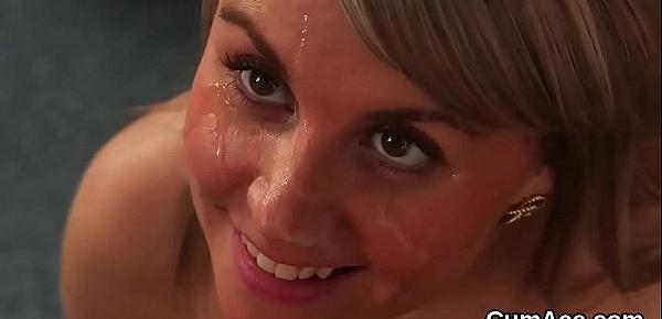  Slutty doll gets cumshot on her face sucking all the love juice